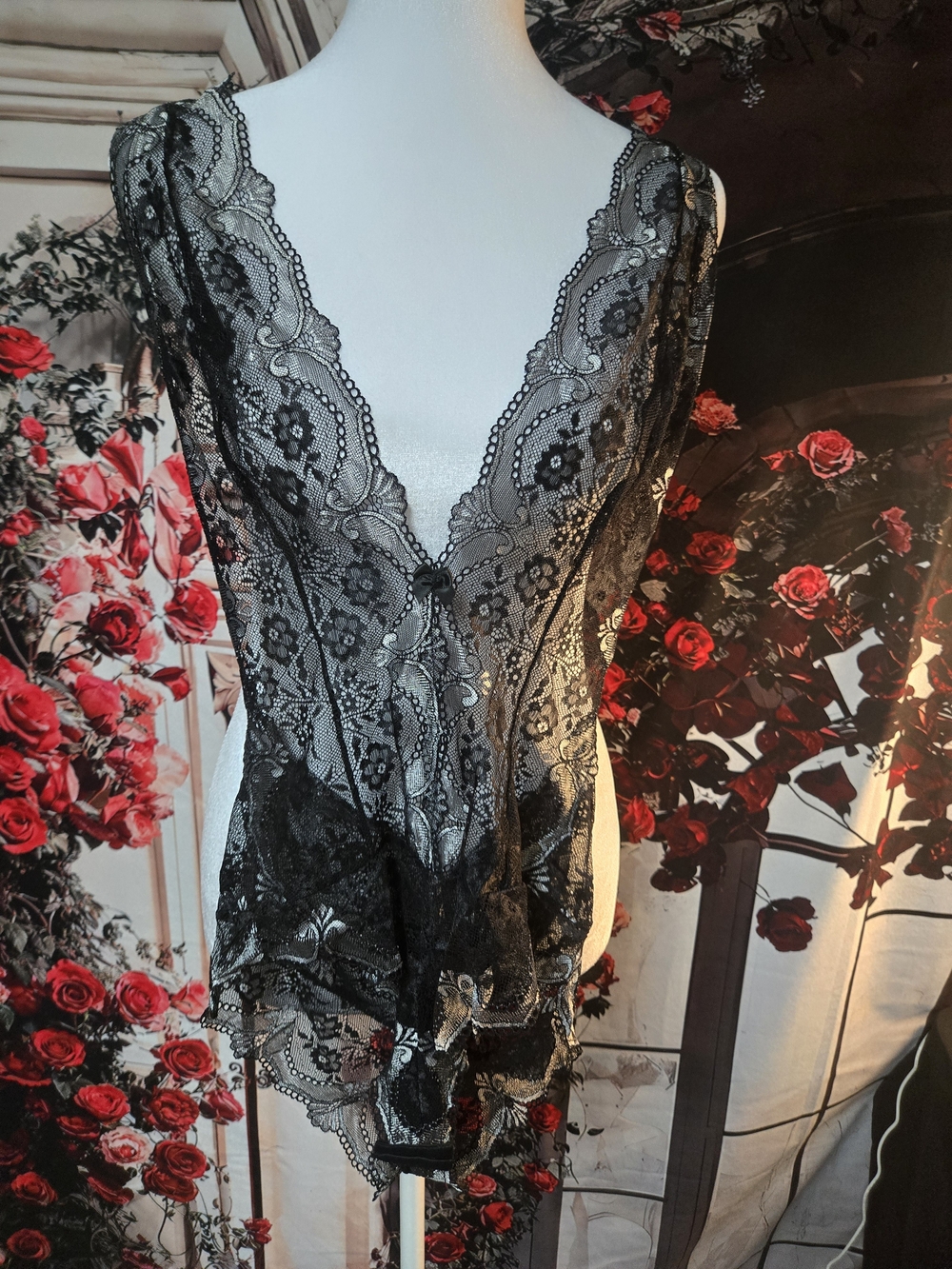 Black Lace Sheer V-Neck Bodysuit